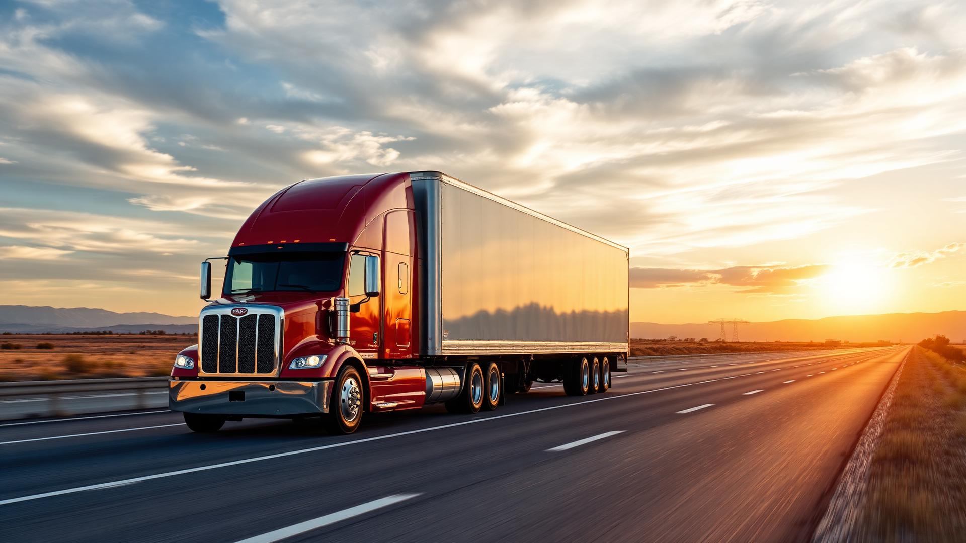 Modern semi truck hauling freight on an open American highway at golden hour